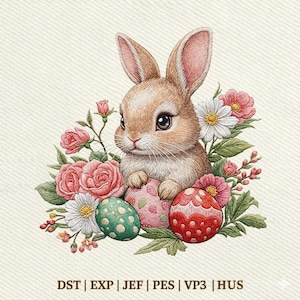 Peut inclure: Illustration de Pâques avec un lapin brun entouré de roses roses, de marguerites blanches et d'œufs de Pâques décorés. Les œufs sont verts, roses et rouges avec divers motifs. Le texte "DST | EXP | JEF | PES | VP3 | HUS" est en bas.