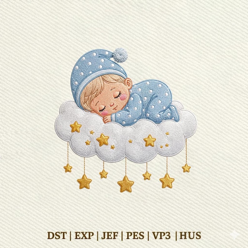 Sleeping Baby on Cloud, Baby Boy Moon and Stars Embroidery Design ...