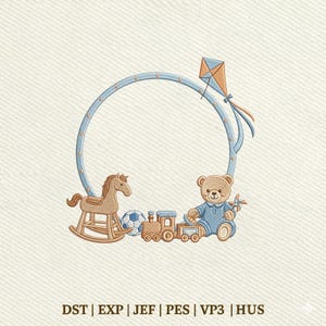 May include: An embroidery design featuring a circular frame decorated with a kite, a rocking horse, a soccer ball, a toy train, and a teddy bear wearing a blue outfit. The text DST | EXP | JEF | PES | VP3 | HUS is printed at the bottom.