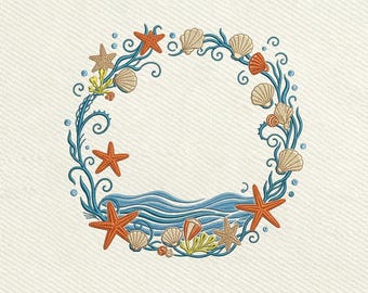 Starfish Ocean Wreath Seashell Beach Frame, Coastal Monogram Embroidery Design, Instant Download Dst Pe