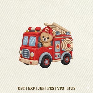 Puede incluir: Un diseño de bordado que muestra un oso de peluche marrón claro con un casco de bombero rojo, conduciendo un camión de bomberos rojo brillante con una escalera en la parte superior, una manguera enrollada y el texto DST | EXP | JEF | PES | VP3 | HUS.