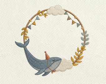 Baby Whale Wreath, Cute Ocean Animal Coastal Baby Embroidery Design, Instant Download Dst Pe