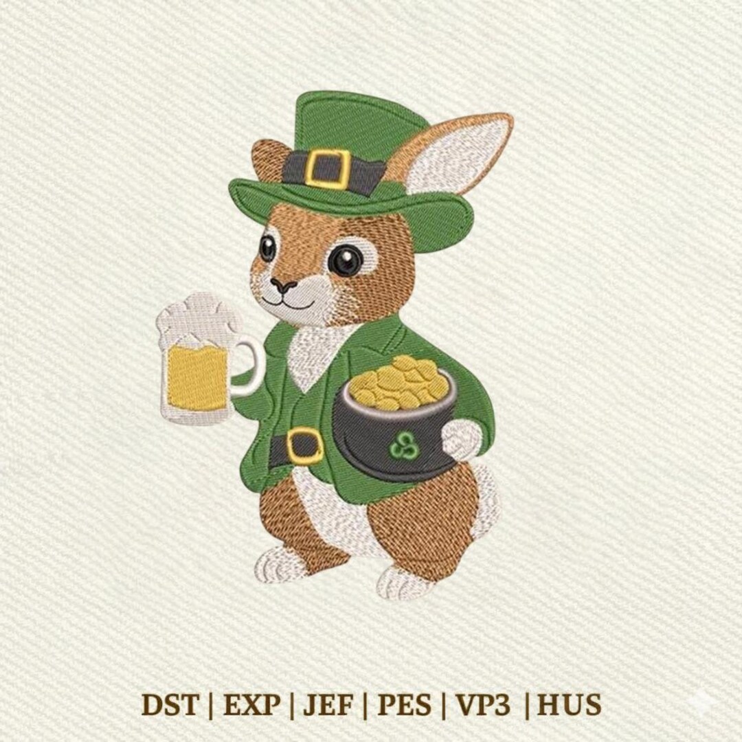 Patrick Rabbit Sffd St Patrick Bunny, Leprechaun Rabbit With Beer & Gold Embroidery Design ...