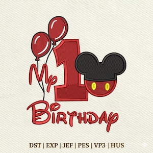 1st Birthday Mouse Head Birthday Number One Embroidery Design, Instant Download Dst Pe
