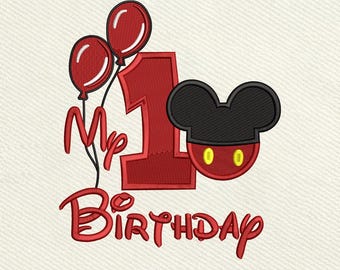 1st Birthday Mouse Head Birthday Number One Embroidery Design, Instant Download Dst Pe