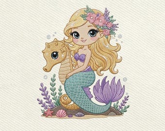 Mermaid Girl Seahorse, Ocean Princess Embroidery Design, Instant Download Dst Pe