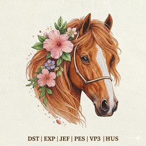 May include: A detailed illustration of a horse's head, adorned with a floral crown of pink and purple flowers and green leaves. The horse has a brown coat with a white blaze and a bridle. The image is set against a textured, off-white background.