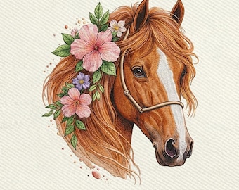 Horse Head  Floral, Boho Horse Flower Design, Farm Animal Embroidery Design, Instant Download Dst Pe