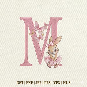 Letter M Bunny Floral Monogram Machine, Baby Girl Alphabet Embroidery Design, Instant Download Dst Pe