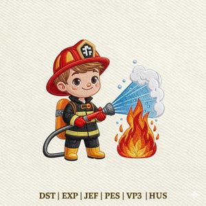 May include: An embroidery design featuring a cartoon firefighter in a red helmet and black uniform with yellow reflective stripes, holding a hose spraying blue water onto a bright orange and yellow flame, with text reading DST | EXP | JEF | PES | VP3 | HUS.