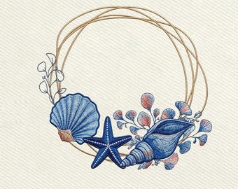 Seashell Wreath Starfish Monogram Frame, Coastal Beach Embroidery Design, Instant Download Dst Pe
