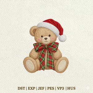May include: An embroidered light brown teddy bear wearing a red Santa hat with a white pom-pom and trim. The bear has a large red and green plaid bow tied around its neck. The text DST | EXP | JEF | PES | VP3 | HUS is printed at the bottom.