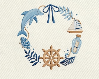Nautical Dolphin Sailboat Ocean Wreath, Coastal Monogram Frame, Beach Embroidery Design, Instant Download Dst Pe