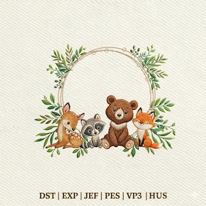 Monogramram för skogsdjur, söt hjort, tvättbjörn, björn och räv, blombroderidesign, direktnedladdning Dst Pe