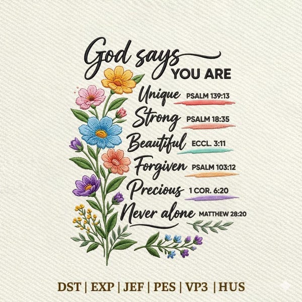 God zegt dat je christen bent - Bijbelvers met bloemenmotief, inspirerende geloofsquote, religieus borduurontwerp, direct te downloaden (DST PE)