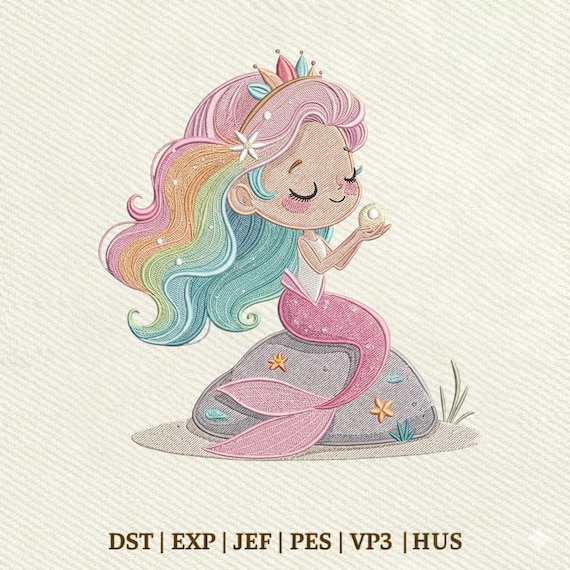 Cute Mermaid Kawaii Mermaid Girl, Ocean Fantasy Mermaid, Underwater Embroidery Design, Instant Download Dst Pe