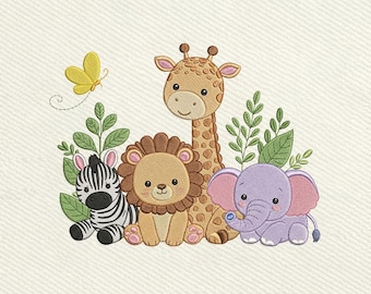 Safari Animals, Baby Jungle Animals Lion Zebra Elephant Giraffe Cute Embroidery Design, Instant Download Dst Pe