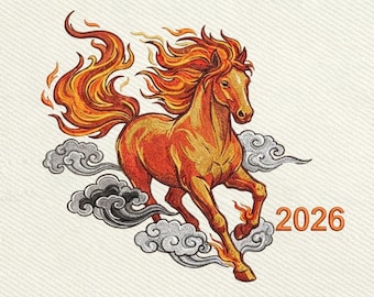 Fire Horse 2026 Flaming Embroidery Design, Instant Download Dst Pe