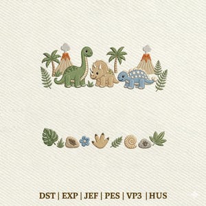 May include: An embroidery design featuring a green long-necked dinosaur, a tan triceratops, and a blue ankylosaurus among palm trees and volcanoes. Below are various leaves, stones, a blue flower, and a dinosaur footprint. Text reads: DST | EXP | JEF | PES | VP3 | HUS.