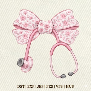 Peut inclure: Un motif de stéthoscope rose avec un nœud orné de motifs floraux. Le nœud est en haut, avec les embouts auriculaires et le pavillon du stéthoscope en dessous. Le texte suivant est inclus : DST | EXP | JEF | PES | VP3 | HUS.