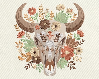 Western Boho Cow Skull with Flowers, Rustic Farmhouse Embroidery Design, Instant Download Dst Pe