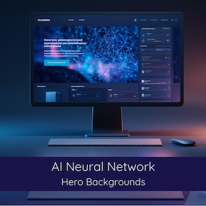 Könnte beinhalten: Ein Computermonitor zeigt eine Website-Oberfläche mit einer blau-weißen Grafik eines neuronalen Netzes. Eine Tastatur und eine Maus befinden sich vor dem Monitor. Der Text "AI Neural Network Hero Backgrounds" steht unten.