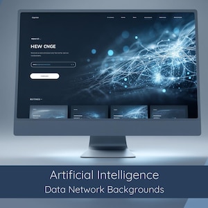 Könnte beinhalten: Ein Computermonitor zeigt eine Website-Oberfläche mit dem Text "HEW CNGE" und eine Netzwerkdatenvisualisierung. Das Bild trägt die Bezeichnung "Artificial Intelligence Data Network Backgrounds."