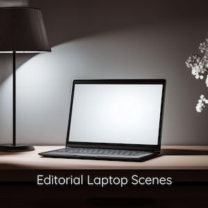 May include: A laptop with a blank screen sits on a wooden desk, next to a black lamp and a vase of white flowers. The text "Editorial Laptop Scenes" is at the bottom of the image.
