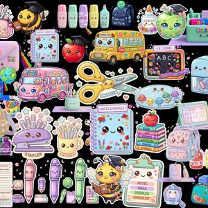 Könnte beinhalten: Eine Sammlung farbenfroher Kawaii-Sticker für Schulbedarf und Schreibwaren. Enthält einen Schulbus, einen Apfel, einen Rucksack, Bleistifte, eine Schere und ein Notizbuch mit dem Text "Notes & Doodles".