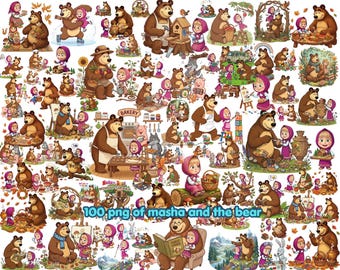 Pacchetto di clipart PNG di Masha e Orso: adesivi kawaii per bambini, disegni per sublimazione (download digitale)