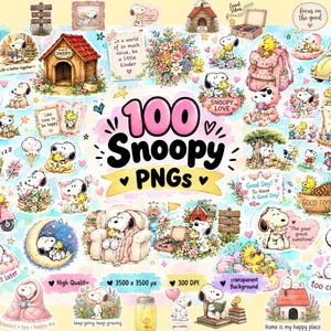 Op de afbeelding: Een digitale collectie van 100 Snoopy PNG-afbeeldingen met diverse illustraties van de witte beagle en Woodstock in verschillende settings, waaronder een hondenhok, een auto, een scooter en bloemrijke scènes, met tekst zoals 100 Snoopy PNGs.