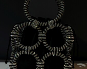 Handmade silver drawstring bag with rhinestones and black thread! Artisan piece!