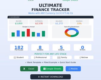 Ultimate Budget Planner Spreadsheet | Finance Tracker | Debt Payoff | Savings Goals | Excel & Google Sheets | Multi-Currency