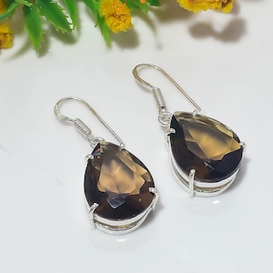 Quartz Stone Earrings, Smoky Quartz, 925 Sterling Silver Earrings, Silver Drop Earrings for Women, Quartz Crystal