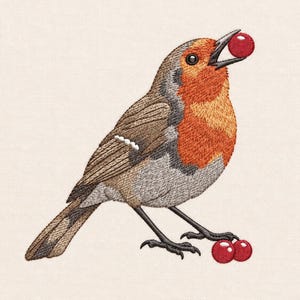 Puede incluir: Un diseño de bordado de un petirrojo con plumas marrones y grises, pecho naranja brillante y un pico oscuro que sostiene una baya roja. El pájaro se apoya sobre dos patas negras finas, con dos bayas rojas adicionales cerca de sus pies.