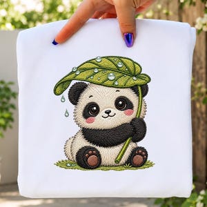 Panda Embroidery Design, Rain Embroidery Pattern, Leaf Umbrella Nursery