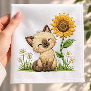 Siamese Kitten with Sunflower and Daisies Machine Embroidery Design, PES DST Download