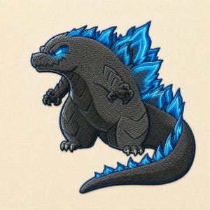 May include: An embroidered patch featuring a dark gray monster with glowing blue eyes and sharp, jagged blue dorsal fins running along its back and tail. The creature is depicted in a side profile stance with textured stitching throughout.