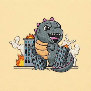 May include: An embroidered patch featuring a gray, cartoon-style monster with a tan belly and pink dorsal fins. The monster stands amidst burning city buildings with blue windows, surrounded by white smoke clouds and bright orange flames.