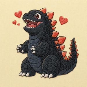 May include: An embroidered patch featuring a dark gray, cartoon-style dinosaur with a wide, open mouth showing white teeth. The creature has orange dorsal plates along its back and tail, surrounded by several small, red embroidered hearts.