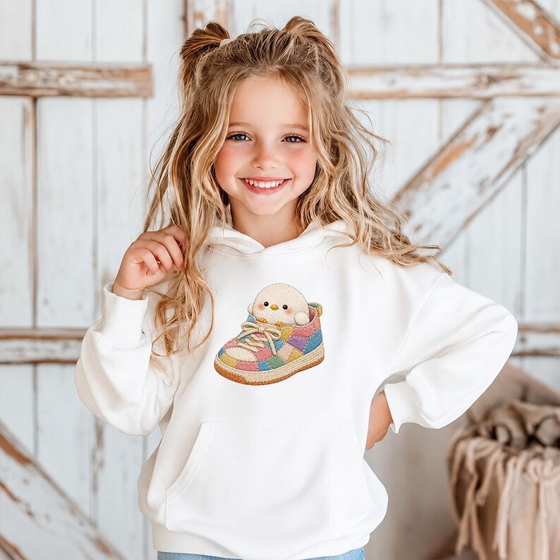 May include: A white long-sleeve hooded sweatshirt featuring a central graphic of a small, round, light yellow chick sitting inside a colourful, patchwork-style trainer with tan laces and a textured brown sole, designed with a front kangaroo pocket.