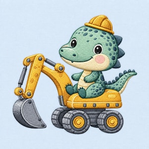 May include: An embroidered design featuring a light green dinosaur with dark green spots wearing a yellow construction hat. The dinosaur is sitting on a yellow and gray excavator with a large bucket, thick treads, and a light blue background.