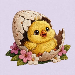 May include: An embroidered patch featuring a fluffy yellow chick emerging from a cracked, speckled eggshell. The chick has large dark eyes and an orange beak. The base is decorated with small pink and white flowers and green leaves.