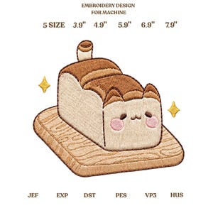 May include: An embroidered design for a machine featuring a cat-shaped loaf of bread on a wooden cutting board. The design includes the text "EMBROIDERY DESIGN FOR MACHINE" and size measurements from 3.9" to 7.9". The cat bread has pink cheeks and a cute expression.