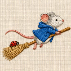 Könnte beinhalten: Ein gestickter Aufnäher zeigt eine weiße Maus mit rosa Ohren in einer blauen Kapuzenjacke, die auf einem braunen Holzbesen reitet. Ein kleiner roter Marienkäfer mit schwarzen Punkten sitzt auf den Borsten des Besens auf strukturiertem Stoff.