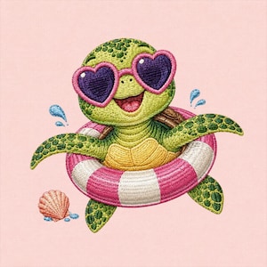 Op de afbeelding: Een geborduurd ontwerp van een groene zeeschildpad met een roze, hartvormige zonnebril, drijvend in een roze met wit gestreepte zwemband. De schildpad heeft een gele buik en een kleine roze schelp bevindt zich aan de linkeronderkant.