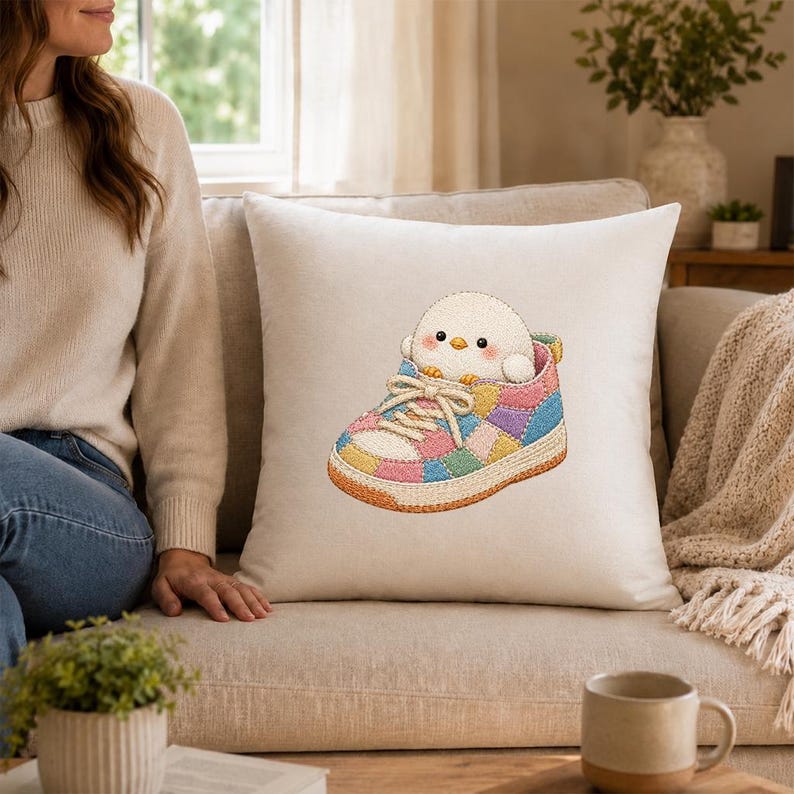 May include: A square off-white scatter cushion featuring an embroidered design of a small, round, white chick with rosy cheeks sitting inside a colourful patchwork trainer. The trainer has a light tan sole and laces with pink, blue, and yellow panels.