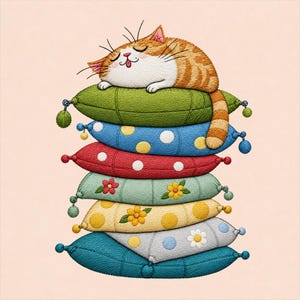 May include: An embroidered illustration of a sleeping orange tabby cat with its tongue poking out, resting on a vertical stack of six colorful, textured pillows. The pillows feature various patterns including polka dots, floral motifs, and tassels.