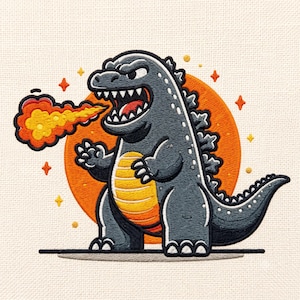 May include: An embroidered patch featuring a dark gray monster with a yellow-orange belly, sharp teeth, and dorsal fins. The creature is breathing a cloud of orange and yellow fire against a large orange circular background with small yellow stars.