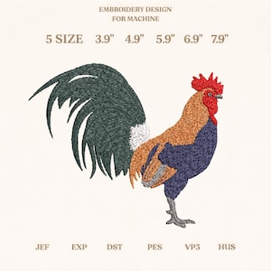 Puede incluir: Diseño de bordado a máquina de un gallo con cresta roja, cuello naranja y cuerpo azul oscuro, con una gran cola verde oscuro con detalles blancos. Texto: EMBROIDERY DESIGN FOR MACHINE, 5 SIZE 3.9" 4.9" 5.9" 6.9" 7.9", JEF EXP DST PES VP3 HUS.
